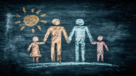 A heartwarming chalk drawing on a dark surface depicts a family of four, including two parents and two children, holding hands under a bright sun.の素材