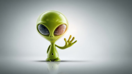 A charming, small green alien with large, expressive eyes waves a friendly hello, standing on a clean white background, creating a whimsical and inviting image.の素材