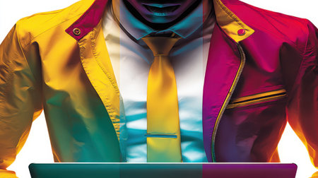 A business professional in a vibrant, color-blocked suit works on a laptop, illuminated by bright, modern lighting, showcasing technology and style.の素材