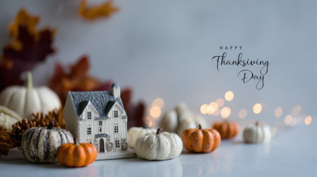 A charming Thanksgiving scene featuring miniature pumpkins, a decorative house, and warm, inviting lights, perfect for autumn celebrations.の素材