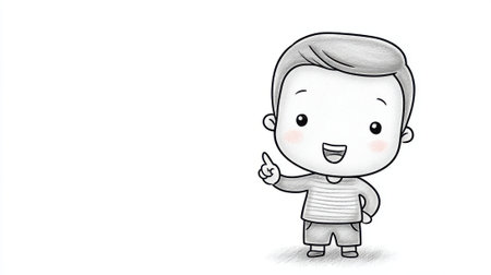A charming black and white sketch of a cartoon boy with a cheerful expression, pointing his fingers upwards. The illustration features a simple, clean style, ideal for children's content or educational materials.の素材