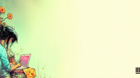 An artistic illustration of a person working on a laptop surrounded by flowers, creating a vibrant and creative workspace atmosphere.の素材