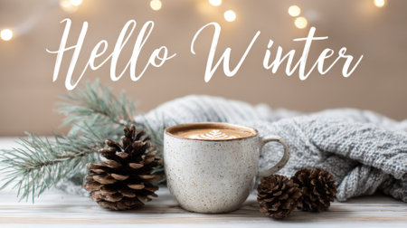 A warm and inviting winter scene featuring a cup of coffee, pine cones, a cozy blanket, and the words Hello Winter.の素材