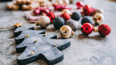 A festive arrangement of Christmas decorations, including wooden tree cutouts and colorful ornaments, creating a warm and inviting holiday atmosphere.の素材