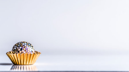Close-up shot of a chocolate truffle with colorful sprinkles in a golden cup, isolated on white background.の素材