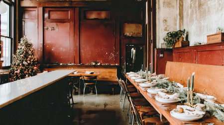A beautifully decorated dining room featuring long tables set for a meal, complemented by wooden paneling and festive decorations, creating a warm and inviting atmosphere.の素材