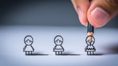 A hand draws a stick figure on paper, symbolizing creativity, imagination, and the artistic process. Simple yet expressive, it captures the essence of human connection.の素材