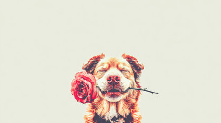 A charming portrait of a dog holding a rose in its mouth, eyes closed in contentment, set against a clean, neutral background.の素材