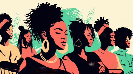 A vibrant illustration showcasing the beauty and resilience of Black women, standing together in solidarity and strength. A powerful representation of unity and empowerment.の素材