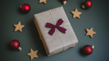 A beautifully wrapped Christmas gift box with a burgundy ribbon, adorned with red baubles and wooden stars on a dark green background.の素材