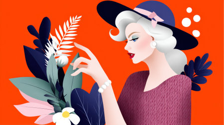 A sophisticated illustration of a woman in a hat, adorned with flowers, showcasing a blend of classic and modern design elements.の素材