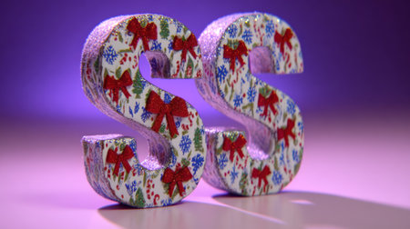 Two decorative letter S with a festive design, featuring red bows and a patterned surface, perfect for holiday themes.の素材