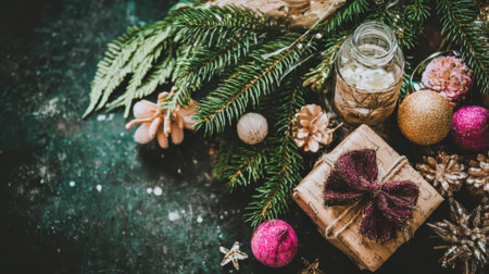 A beautiful Christmas arrangement featuring a gift box, ornaments, and evergreen branches.の素材