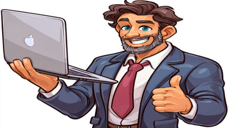 Cartoon illustration of a cheerful businessman in a suit holding a laptop and giving a thumbs up gesture, symbolizing success and approval.の素材