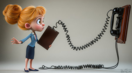 A cartoon woman is holding a book, connected to an old iron telephone with a cord.の素材