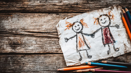 A child's drawing of two smiling girls holding hands, surrounded by colored pencils on a rustic wooden surface.の素材