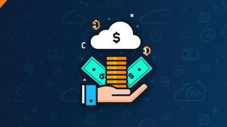 An illustration depicting cloud computing and financial concepts, with a hand holding money, coins, and a cloud with a dollar sign, symbolizing digital finance and economic growth.の素材