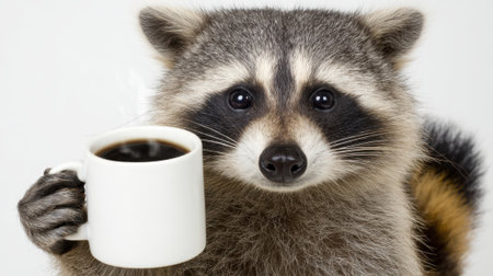 A charming raccoon with its characteristic mask-like markings holds a plain white coffee mug filled with a dark beverage, looking directly at the viewer.の素材