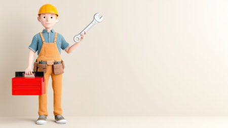 A 3D cartoon illustration of a construction worker holding a wrench and toolbox, ready for work.の素材