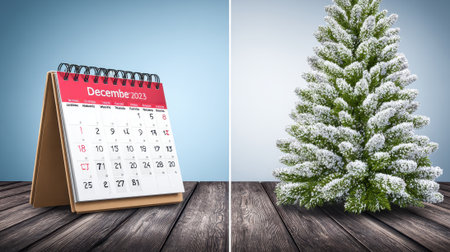 A festive image featuring a December calendar and a snow-covered Christmas tree, set against a wooden surface.の素材
