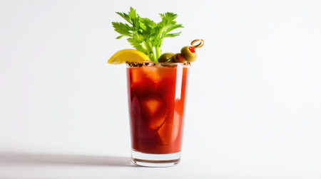 A vibrant Bloody Mary cocktail, garnished with fresh celery, a lemon wedge, and olives, stands tall against a clean white background, perfect for a refreshing drink.の素材