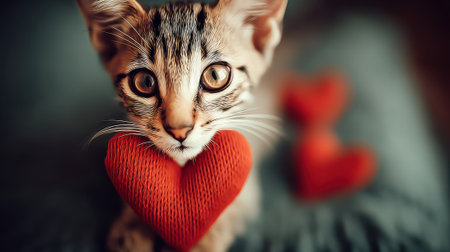 A close up portrait of a cute tabby kitten with large expressive eyes holding a red fabric heart in its mouth. A symbol of love and affection for Valentines Day.の素材