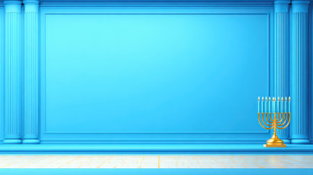 A golden Hanukkah menorah stands on a white surface against a vibrant blue wall with classical columns and panels. Perfect for holiday greetings and celebrations.の素材