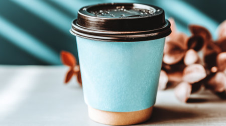 A vibrant blue coffee cup with a black lid sits on a table, complemented by soft lighting and blurred floral accents in the background.の素材