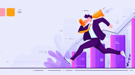 A dynamic illustration of a businessman holding a megaphone and running upwards on a bar graph, symbolizing rapid business growth, promotion, and successful marketing strategies.の素材