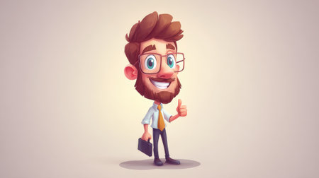 A cheerful cartoon businessman with glasses and a briefcase gives a thumbs up, set against a neutral background.の素材