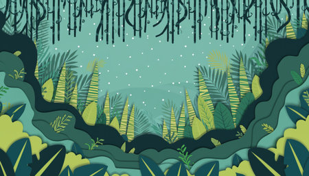 A captivating abstract illustration of a dense forest with vibrant green foliage and a mystical, starry sky.の素材