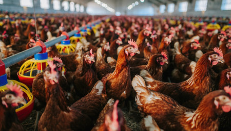 A crowded indoor farm with thousands of brown chickens, showing feeders and a vast agricultural operation.の素材