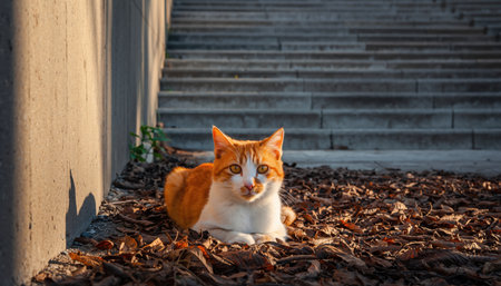 A cute orange and white cat is lying down on a bed of dry leaves, bathed in the warm glow of sunlight.の素材