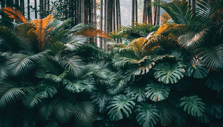 A dense arrangement of dark green tropical leaves, including monstera and palm varieties, interspersed with bright orange foliage, set against a backdrop of vertical bamboo stalks.の素材