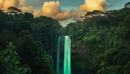 A breathtaking view of a tall waterfall plunging into a verdant jungle, with dramatic clouds in the sky.の素材