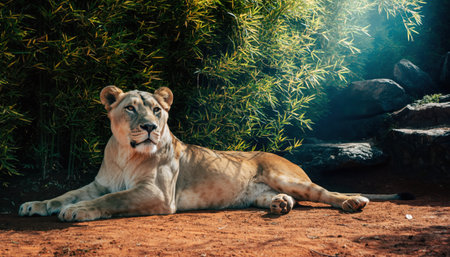 A powerful lioness reclines on sandy ground, bathed in warm sunlight filtering through lush green foliage.の素材