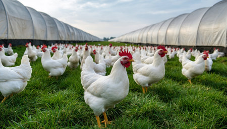 A flock of white chickens with red combs roam freely in a lush green field, with large agricultural greenhouses visible in the background.の素材