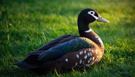 A male Harlequin duck with striking plumage sits peacefully on a vibrant green lawn, bathed in soft, warm light.の素材
