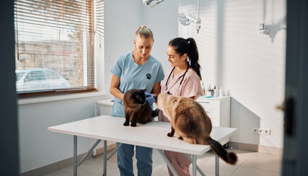 Two veterinarians, a man and a woman, are examining two cats on an examination table in a veterinary clinic.の素材