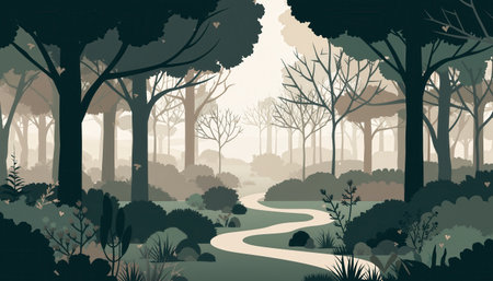 A serene, winding path meanders through a dense, misty forest with silhouetted trees and soft, diffused light.の素材