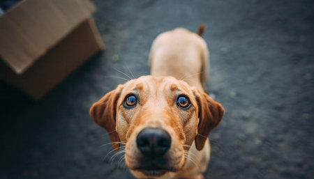 A friendly golden Labrador dog with expressive eyes looks directly up at the camera, its head tilted slightly.の素材