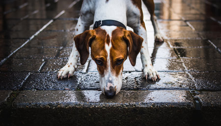 A close-up shot of a dog drinking water from a wet wooden surface, its face partially obscured.の素材