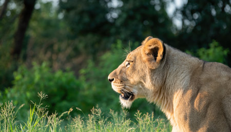Close-up profile of a lioness with her mouth slightly open, bathed in warm sunlight, set against a blurred green natural background.の素材