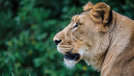 A detailed profile shot of a lioness with intense eyes, set against a blurred green forest background, highlighting its powerful features.の素材