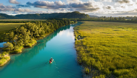A tranquil river winds through vibrant green landscapes, with a small boat navigating the turquoise waters under a dynamic sky.の素材