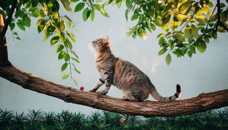 A beautiful tabby cat is perched on a sturdy tree branch, looking upwards with curiosity. Lush green leaves frame the scene.の素材