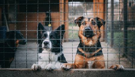 Two dogs, one black and white border collie mix and one German Shepherd mix, look through a fence at an animal shelter.の素材