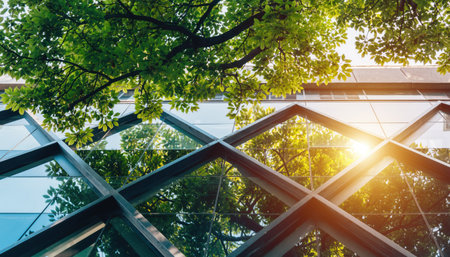 A low-angle view of lush green tree branches and leaves reflecting in the geometric glass windows of a contemporary building, with the sun shining brightly.の素材