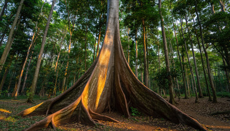 A colossal tree with striking buttress roots dominates a vibrant, sun-dappled rainforest, showcasing nature's grandeur.の素材