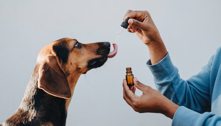 A person is giving CBD oil to a dog, showing care and attention to the pets health and well-being.の素材